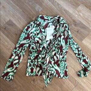 Zara Green and Black Tie Front Blouse with Notched Collar